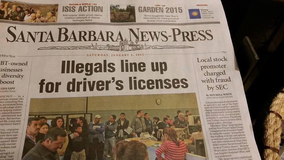 Santa Barbara New-Press headline: "Illegals line up for driver's licenses"