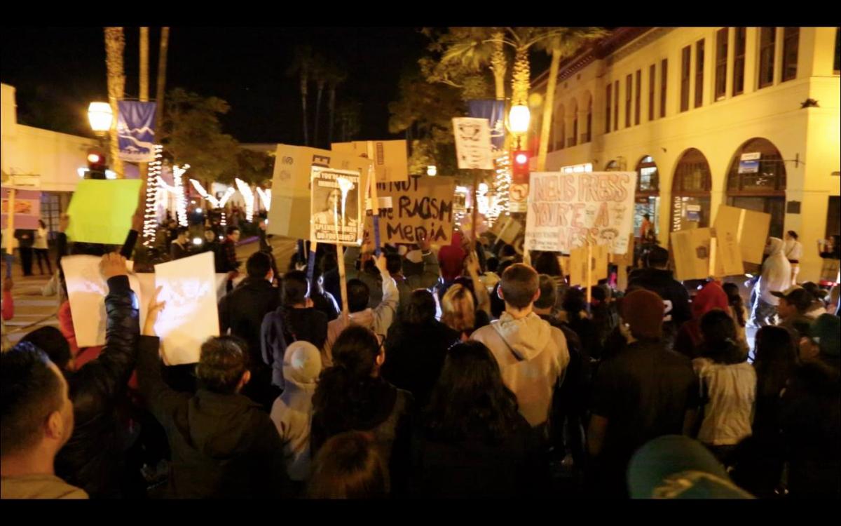 Protesters rally against the Santa Barbara News-Press's use of "the I-word."